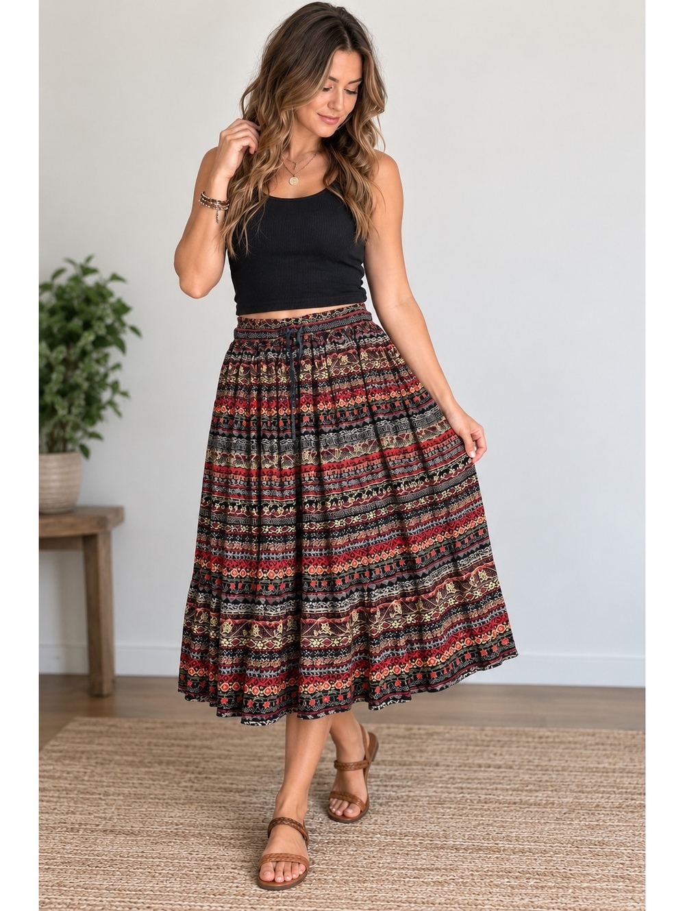 Requirements Women’s XL Boho Paisley Floral Rayon Midi Skirt Drawstring
